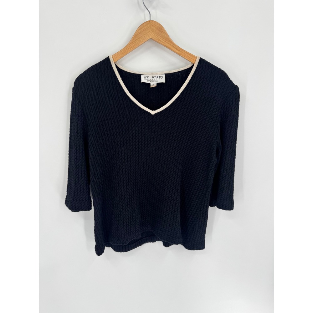 St. John Collection Knit Top Women 10 Black V-Neck 3/4 Sleeve Textured Trim